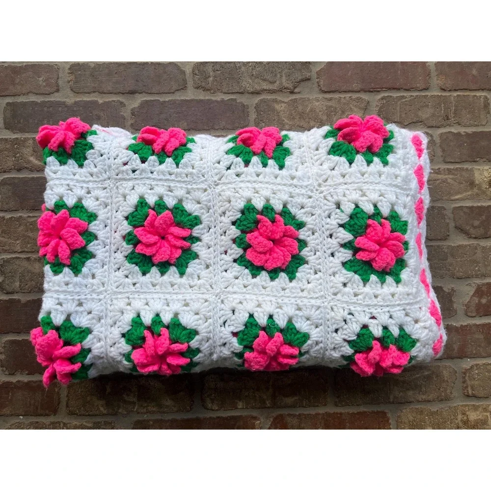 Vintage Crocheted 3D Hot Pink Rose Granny Square Throw 41x55